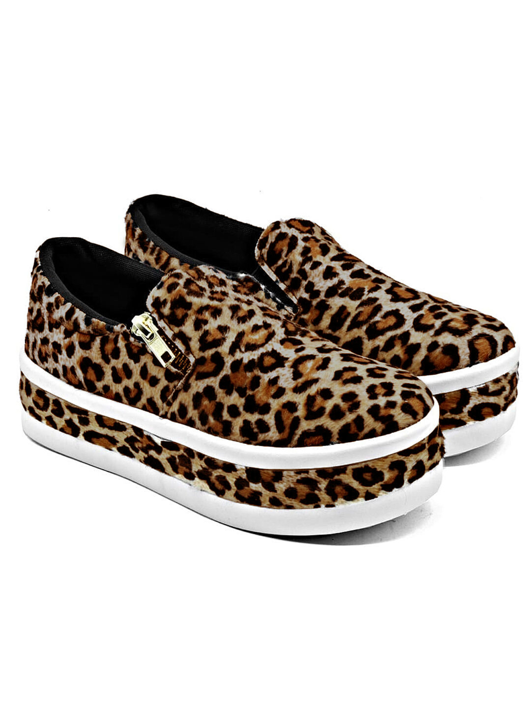 Slip On Feminino Plataforma Zíper Onça