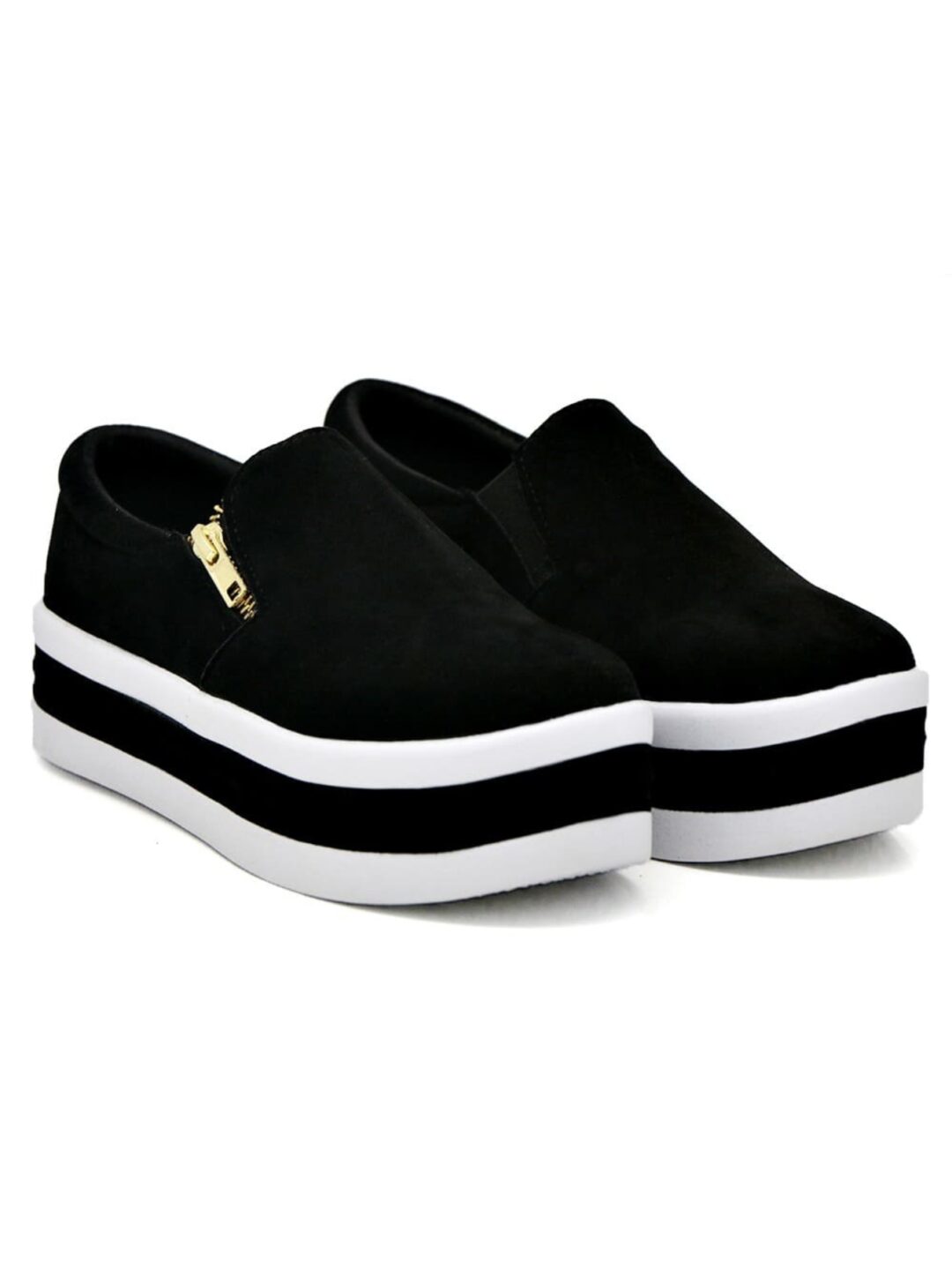 Slip On Feminino Plataforma Zíper Preto